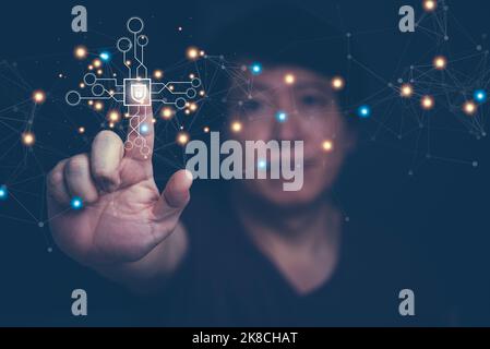 Cyber Protection Data Security Internet Privacy, Internet and technology concept on virtual screen, Man touching on lock icon. Stock Photo