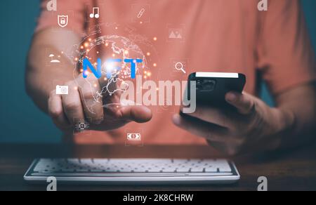 NFT token in blockchain technology, A non-fungible token is a special type of cryptographic token which represents something unique, blockchain market Stock Photo