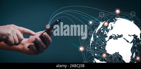 Connection technologies background, Human finger touching on global network linking technology. Stock Photo