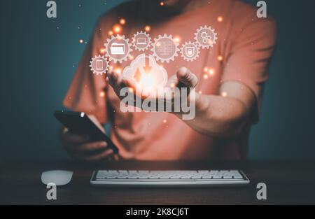 Man showing virtual screen with cloud computing diagram. Cloud technology. Data storage. Networking and internet service concept Stock Photo