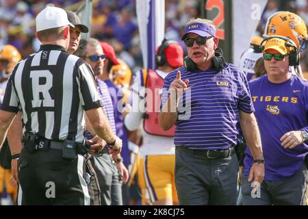 Baton Rouge, LA, USA. 22nd Oct, 2022. LSU Head Coach Brian Kelly questions a call during NCAA football game action between the Ole Miss Rebels and the LSU Tigers at Tiger Stadium in Baton Rouge, LA. Jonathan Mailhes/CSM/Alamy Live News Stock Photo