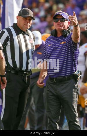 Baton Rouge, LA, USA. 22nd Oct, 2022. LSU Head Coach Brian Kelly questions a call during NCAA football game action between the Ole Miss Rebels and the LSU Tigers at Tiger Stadium in Baton Rouge, LA. Jonathan Mailhes/CSM/Alamy Live News Stock Photo