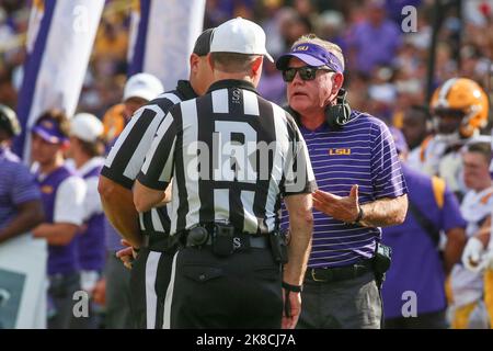 Baton Rouge, LA, USA. 22nd Oct, 2022. LSU Head Coach Brian Kelly questions a call during NCAA football game action between the Ole Miss Rebels and the LSU Tigers at Tiger Stadium in Baton Rouge, LA. Jonathan Mailhes/CSM/Alamy Live News Stock Photo