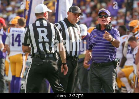 Baton Rouge, LA, USA. 22nd Oct, 2022. LSU Head Coach Brian Kelly questions a call during NCAA football game action between the Ole Miss Rebels and the LSU Tigers at Tiger Stadium in Baton Rouge, LA. Jonathan Mailhes/CSM/Alamy Live News Stock Photo