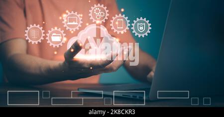 Man showing virtual screen with cloud computing diagram. Cloud technology. Data storage. Networking and internet service concept. Stock Photo