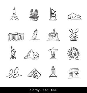 landmarks icon set illustration vector hand drawn isolated on white background line art. Stock Vector
