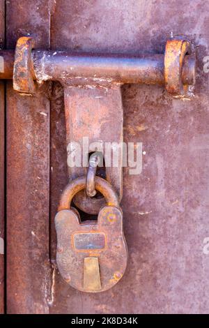 A rusted padlock on the Old Show Low Jail. Show Low, Arizona. Stock Photo