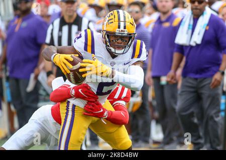 Baton Rouge, LA, USA. 22nd Oct, 2022. LSU's Kyren Lacy (2) brings in a pass during NCAA football game action between the Ole Miss Rebels and the LSU Tigers at Tiger Stadium in Baton Rouge, LA. Jonathan Mailhes/CSM/Alamy Live News Stock Photo