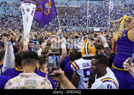 Baton Rouge, LA, USA. 22nd Oct, 2022. LSU fans, players, and cheerleaders celebrate on the field after LSU's victory over the Ole Miss Rebels at Tiger Stadium in Baton Rouge, LA. Jonathan Mailhes/CSM/Alamy Live News Stock Photo