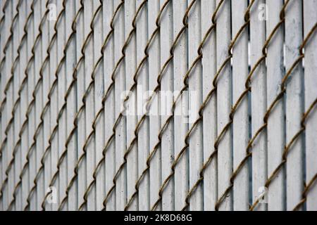 Close-up abstract view of a rusty chainlink fence with vertical white metal slats Stock Photo