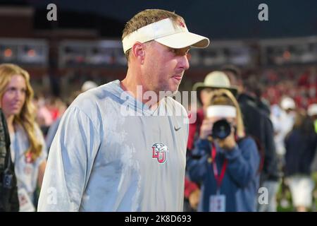 Lynchburg, Virginia, USA. 22nd Oct, 2022. Liberty Flames head coach Hugh Freeze celebrates the victory over the Brigham Young Cougars at Williams Stadium in Lynchburg, Virginia. Greg Atkins/CSM/Alamy Live News Stock Photo