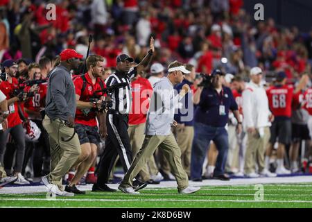 Lynchburg, Virginia, USA. 22nd Oct, 2022. Liberty Flames head coach Hugh Freeze celebrates the victory over the Brigham Young Cougars at Williams Stadium in Lynchburg, Virginia. Greg Atkins/CSM/Alamy Live News Stock Photo