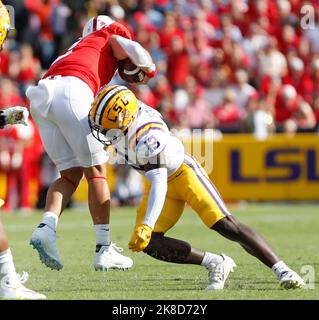 Baton Rouge, USA. 22nd Oct, 2022. LSU Tigers safety Joe Foucha (13) tackles Ole Miss quarterback Jaxson Dart (2) during a college football game at Tiger Stadium in Baton Rouge, Louisiana on Saturday, October 22, 2022. (Photo by Peter G. Forest/Sipa USA) Credit: Sipa USA/Alamy Live News Stock Photo