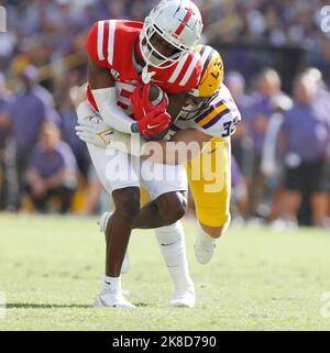 Baton Rouge, USA. 22nd Oct, 2022. LSU Tigers linebacker West Weeks (33) tackles Ole Miss wide receiver Malik Heath (8) during a college football game at Tiger Stadium in Baton Rouge, Louisiana on Saturday, October 22, 2022. (Photo by Peter G. Forest/Sipa USA) Credit: Sipa USA/Alamy Live News Stock Photo