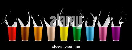 Set of paper cups with milk splashes on black background. Disposable cups with white milk splashes. Stock Photo