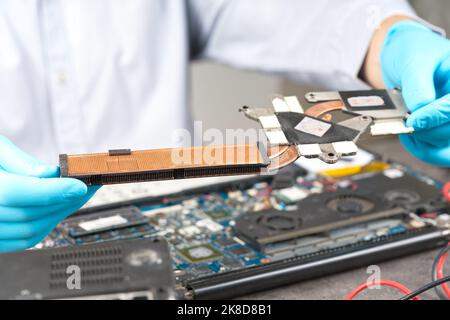 Hands fixing motherboard of pc or laptop notebook close up in service. Laptop repair service. Stock Photo
