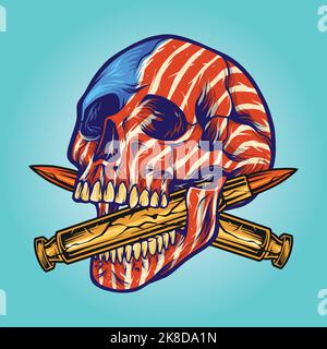 American flag skull head with bullet illustration vector illustrations for your work logo, merchandise t-shirt, stickers and label designs, poster Stock Vector