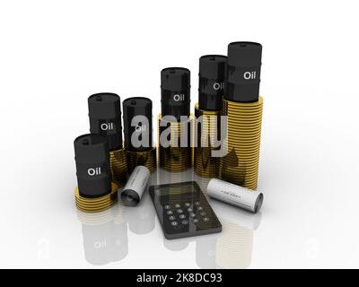 3d illustration oil drum with golden coins stacks near calculator Stock Photo