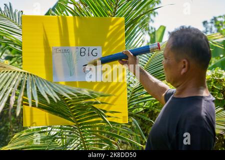 An artist drawing in a tropical garden using a very large pencil. Stock Photo
