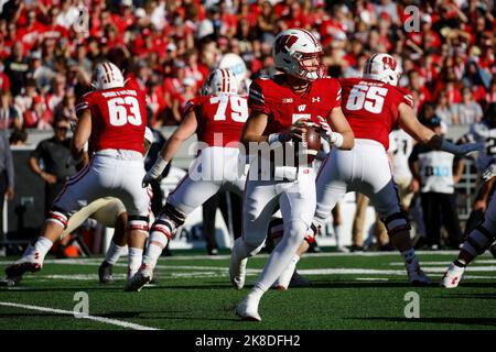 Madison, WI, USA. 22nd Oct, 2022. Wisconsin Badgers quarterback Graham Mertz (5) rolls out during the NCAA Football game between the Purdue Boilermakers and the Wisconsin Badgers at Camp Randall Stadium in Madison, WI. Darren Lee/CSM/Alamy Live News Stock Photo