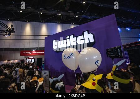 Bangkok, Thailand. 22nd Oct, 2022. The Twitch boot seen during the exhibition. Thailand Game Show 2022 is the largest gaming exhibition in Thailand with the latest games on the market, video game giants like Nintendo, Sega, Sony Playstation, and Microsoft were there to present their current and upcoming video games. Credit: SOPA Images Limited/Alamy Live News Stock Photo