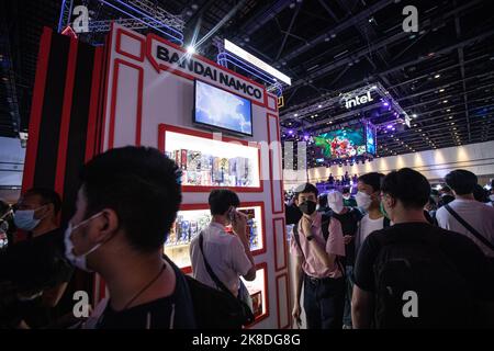 Bangkok, Thailand. 22nd Oct, 2022. The Bandai Namco boot seen as visitors walk by. Thailand Game Show 2022 is the largest gaming exhibition in Thailand with the latest games on the market, video game giants like Nintendo, Sega, Sony Playstation, and Microsoft were there to present their current and upcoming video games. (Photo by Guillaume Payen/SOPA Images/Sipa USA) Credit: Sipa USA/Alamy Live News Stock Photo