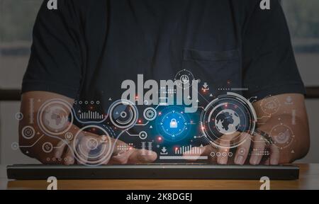 Businessman press on digital screen interface big data analytics and business intelligence (BI) concept for system engineering, binary code programmin Stock Photo