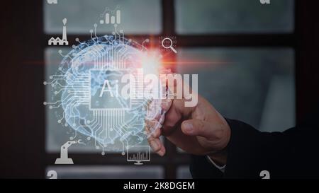 Businessman press on digital screen interface big data analytics and business intelligence (BI) concept for system engineering, binary code programmin Stock Photo
