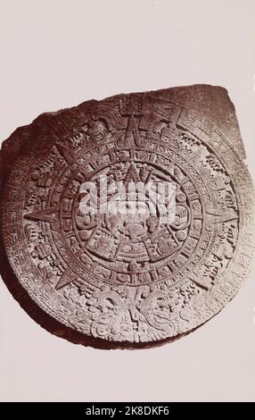 Vintage black and white photograph of the Aztec Calendar or Sun Stone, Mexico, Mayo & Weed photographers, ca 1898 Stock Photo