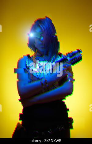 Girl with blaster in the futuristic battle. Concept virtual reality, cyber game, metaverse and science fiction. Image with glitch effect. Stock Photo