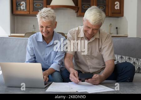 Older spouses managing finances, using laptop, paying bills through e-bank Stock Photo