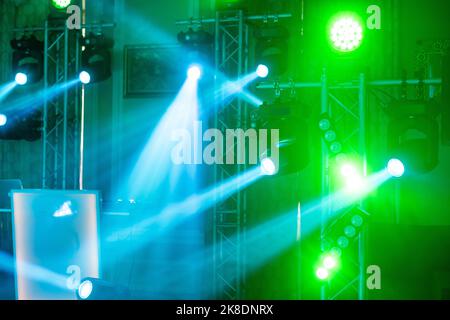 multiple spotlights on a theatre stage lighting rig Stock Photo