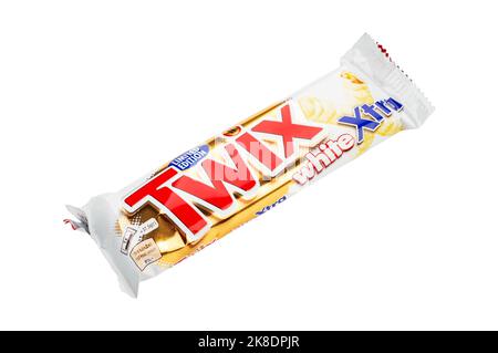 Ukraine, Kyiv - October 03, 2021: Twix cookie bars isolated on white background. Twix bars are produced by Mars Incorporated. Twix name has been used Stock Photo