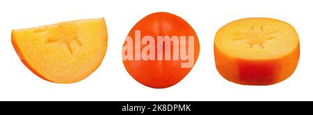 Fresh whole, half and sliced persimmon fruit isolated on white background. File contains clipping path. Stock Photo