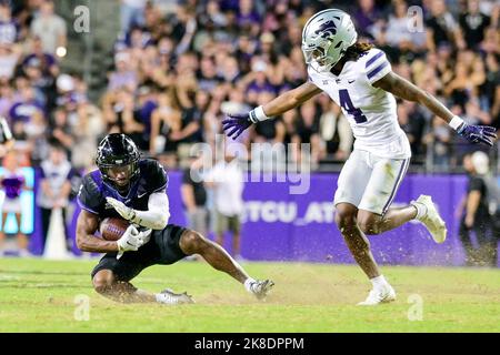 October 22nd 2022: .TCU Horned Frogs cornerback Tre'Vius Hodges-Tomlinson (1) gets an INT during a NCAA Football game between the Kansas State Wildcats and TCU Horned Frogs at Amon G. Carter Stadium in Fort Worth, Texas.Manny Flores/CSM Stock Photo