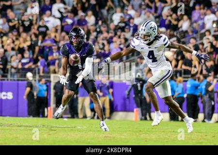 October 22nd 2022: .TCU Horned Frogs cornerback Tre'Vius Hodges-Tomlinson (1) gets an INT during a NCAA Football game between the Kansas State Wildcats and TCU Horned Frogs at Amon G. Carter Stadium in Fort Worth, Texas.Manny Flores/CSM Stock Photo