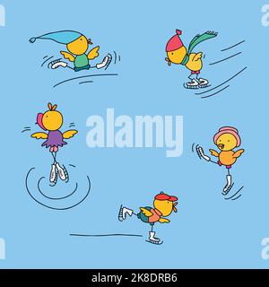 Round frame for winter games. Funny cute chickens on figure skates. Free space for your text. Stock Vector
