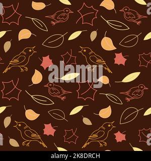 Hand drawn birds and leaves seamless pattern. Autumn pattern on dark brown background. Stock Vector