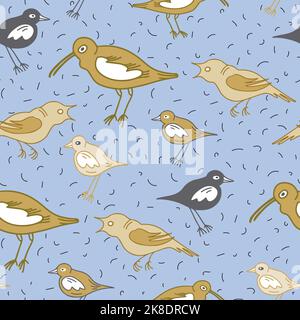 Doodle style birds seamless pattern on blue background. Stock Vector