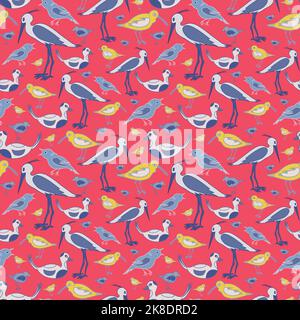 Colourful flat hand drawn birds seamless pattern on red background. Stock Vector