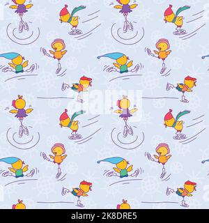 Winter sport animals seamless pattern. Cute chickens on figure skates. Funny animal playing in winter. Stock Vector