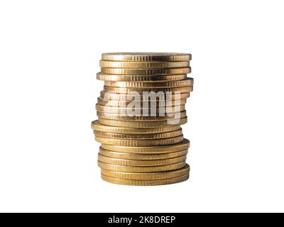 A stack of 20 golden coins on white background with clipping path Stock Photo