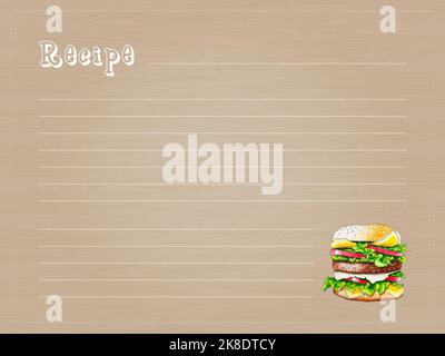 Recipe lined paper on wooden table background. Banner with burger hand drawn pencil . Vector illustration Stock Vector
