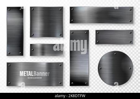 Realistic black metal banners collection. Brushed steel or aluminium plate, panel with screws. Polished metal surface. Old grunge texture with Stock Vector