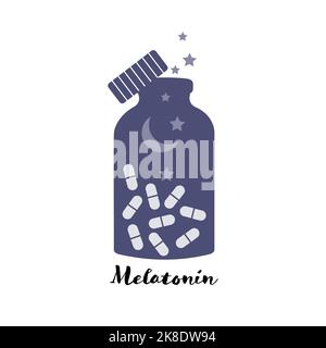 Melatonin pills in a jar, for sleeping aid, insomnia treatment Stock Vector