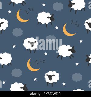 Seamless pattern with sheep, clouds and moons on night sky. Stock Vector