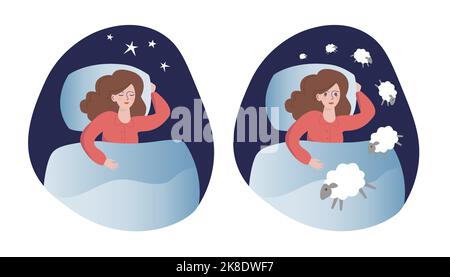 Woman sleeping vs. lacking sleep. Set of two illustrations. Concept of insomnia. Stock Vector