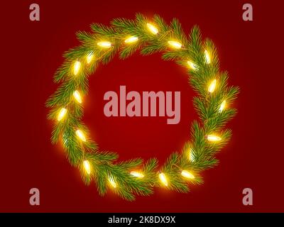 Christmas wreath of realistic fir tree branches with shining garland on ared background. Spruce branches frame with yellow light bulbs Stock Vector