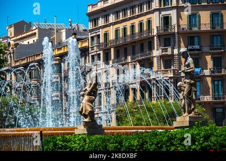 Barcelona, Spain - May 26 2022: Fountain in Plaza Catalunya, Barcelona. Stock Photo