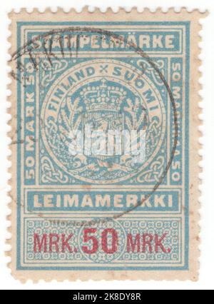 FINLAND - CIRCA 1882: An 50 mark light blue and carmine Postal-fiscal stamp with coat of arms in circular frame 'Finland Suomi' tax stamp Stock Photo